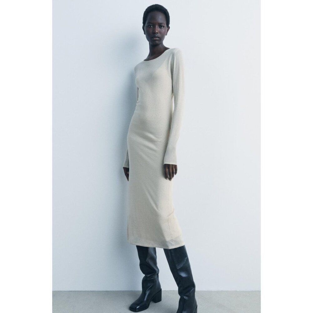 Zara Womens Midi Rhinestone Knit Dress Size M Long Sleeve Beige 9598/204 NWT